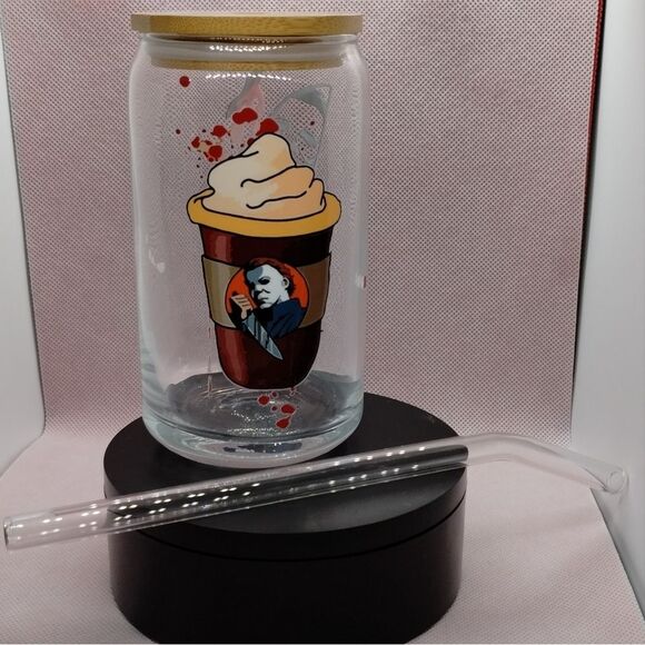 Horror Movie Themed Glass Mason Jar with Lid - Unique Halloween Decor - Picture 3 of 4